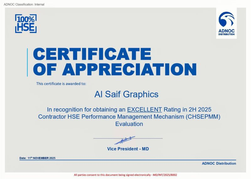 Certificate of Appreciation – EXCELLENT HSE Rating, 2H 2025