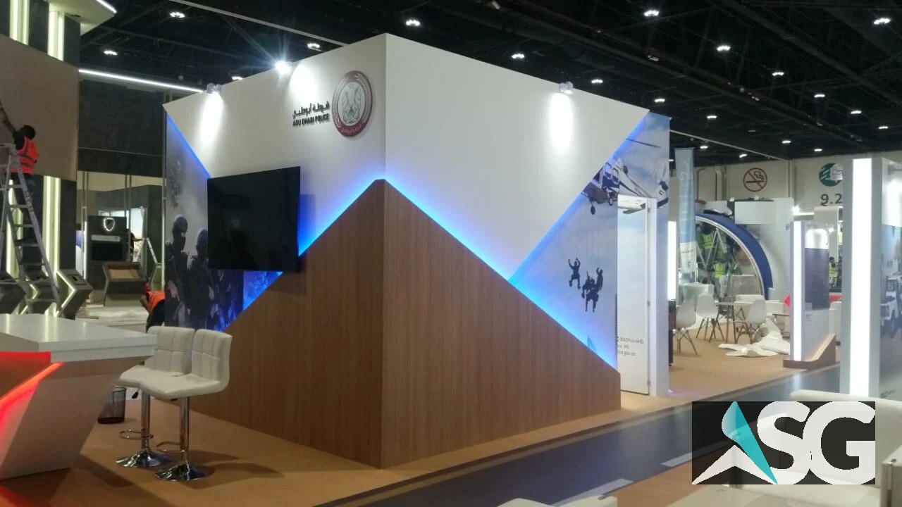 Completed ASG exhibition stand with illuminated architectural details